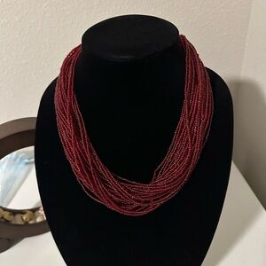 Vintage 80s Multi 30 Strand Dark Red Glass Seed Bead Necklace 20 in